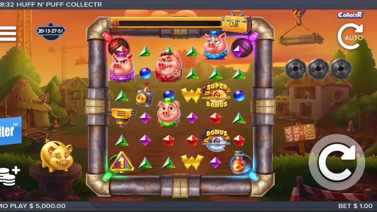 Visual slot Huff n Puff CollectR dengan tema babi konstruksi dan serigala