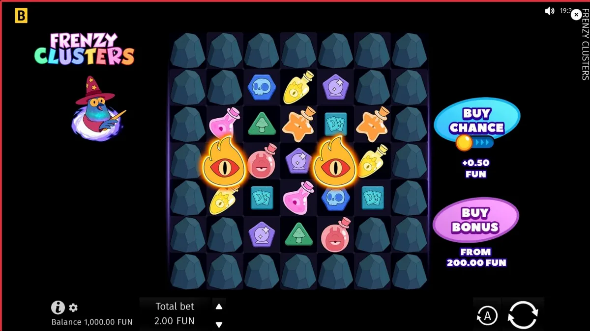 Tampilan visual slot Frenzy Clusters dengan karakter pahlawan dan simbol alkimia.